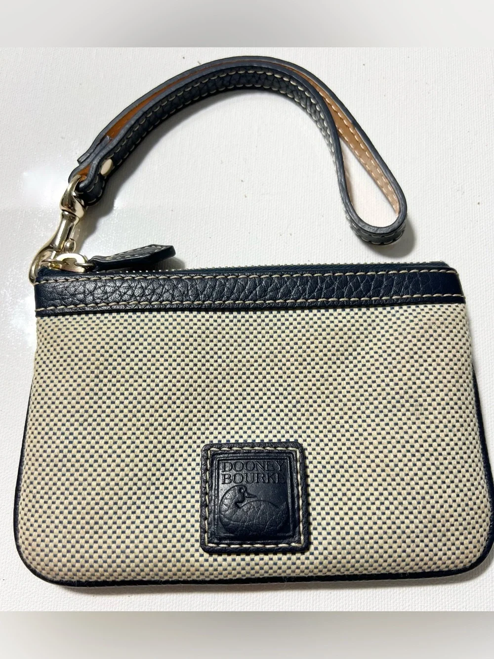 Dooney & Bourke Navy and Cream Canvas Wristlet with Leather Trim